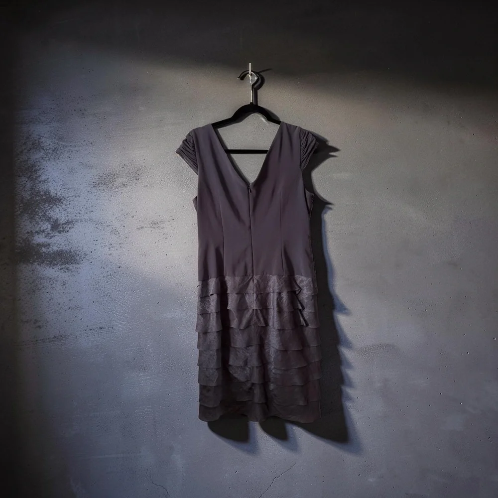 Adrianna Papell Charcoal Ruching & Tiered Midi Dress - Picture 2 of 4